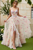 Ivory Flower A Line Corset Ruffled Long Prom Dress with Slit