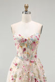 Champagne Corset Ruffled Beaded A Line Long Floral Formal Dress with Slit