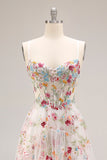 Ivory Floral Embroidered A Line Corset Long Formal Dress with Ruffled Slit