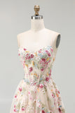 Champagne Corset Ruffled Beaded A Line Long Floral Formal Dress with Slit