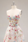 Ivory Floral Embroidered A Line Corset Long Formal Dress with Ruffled Slit