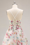 Ivory Floral Embroidered A Line Corset Long Formal Dress with Ruffled Slit