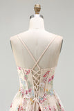 Champagne Corset Ruffled Beaded A Line Long Floral Formal Dress with Slit