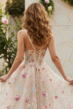 Champagne Flower A Line Ruffled Corset Long Prom Dress with Slit
