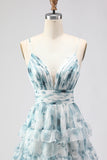 Blue A Line Spaghetti Straps Tiered Ruffle Print Floral Long Prom Dress with Slit