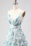 Blue A Line Spaghetti Straps Tiered Ruffle Print Floral Long Prom Dress with Slit