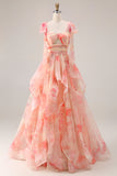 Sunset Floral Printed A-Line Keyhole Ruffled Long Formal Dress with Bow