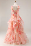 Sunset Floral Printed A-Line Keyhole Ruffled Long Formal Dress with Bow