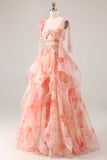Sunset Floral Printed A-Line Keyhole Ruffled Long Formal Dress with Bow