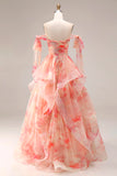 Sunset Floral Printed A-Line Keyhole Ruffled Long Formal Dress with Bow