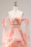 Sunset Floral Printed A-Line Keyhole Ruffled Long Formal Dress with Bow