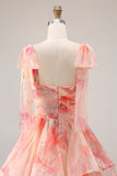 Sunset Floral Printed A-Line Keyhole Ruffled Long Formal Dress with Bow