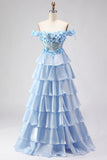 Light Blue A Line Off the Shoulder Appliqued Corset Tiered Ruffle Long Prom Dress