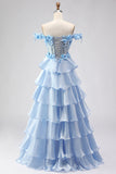 Light Blue A Line Off the Shoulder Appliqued Corset Tiered Ruffle Long Prom Dress