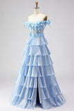 Light Blue A Line Off the Shoulder Appliqued Corset Tiered Ruffle Long Prom Dress