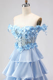 Light Blue A Line Off the Shoulder Appliqued Corset Tiered Ruffle Long Prom Dress