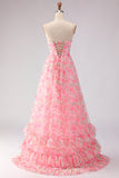 Pink Strapless Floral A-Line Cut Out Bowed Long Prom Dress with Slit
