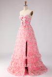 Pink Strapless Floral A-Line Cut Out Bowed Long Prom Dress with Slit