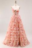 A-Line Floral Cut Out Tiered Bowed Sunset Long Prom Dress with Slit