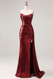 Metallic Burgundy Strapless Ruched Mermaid Long Prom Dress with Slit