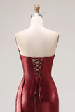 Metallic Burgundy Strapless Ruched Mermaid Long Prom Dress with Slit