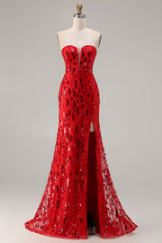 Sparkly Red Strapless Mermaid Sequin Long Prom Dress with Slit