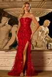 Sparkly Red Mermaid Strapless Sequin Long Prom Dress with Slit