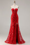 Sparkly Red Strapless Mermaid Sequin Long Prom Dress with Slit