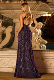 Sparkly Halter Grape Mermaid Backless Sequin Long Prom Dress with Slit