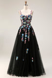 Sparkly Black A-Line Tulle Sequin Long Prom Dress with Slit