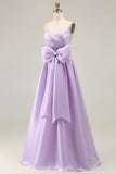 Lilac A Line Spaghetti Straps Pleated Satin Long Prom Dress with Bow