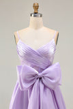 Lilac A Line Spaghetti Straps Pleated Satin Long Prom Dress with Bow