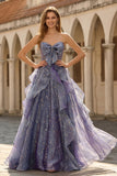 Dusty Blue Strapless A-Line Floral Ruffled Long Prom Dress with Lace Up Back