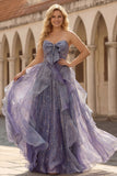 Dusty Blue Strapless A-Line Floral Ruffled Long Prom Dress with Lace Up Back