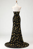 Black and Golden Mermaid Sequin Strapless Corset Velvet Long Prom Dress with Slit