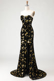 Black and Golden Mermaid Sequin Strapless Corset Velvet Long Prom Dress with Slit