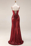 Dark Red Beaded Mermaid Ruched Lace Up Back Long Prom Dress with Slit