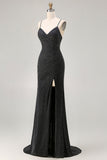 Sparkly Black Mermaid Spaghetti Straps Long Prom Dress with Slit