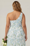 One Shoulder Blue White Flower Print Sheath Long Plus Size Bridesmaid Dress with Slit