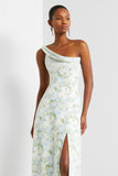 Blue White Flower One Shoulder Print Sheath Long Bridesmaid Dress with Slit