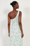 Blue White Flower One Shoulder Print Sheath Long Bridesmaid Dress with Slit
