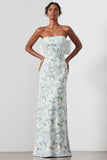 Blue White Flower Strapless Sheath Satin Long Bridesmaid Dress with Back Bow