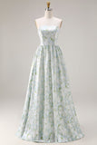 Blue White Floral Strapless Print A-Line Long Satin Bridesmaid Dress with Pockets