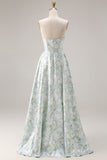 Blue White Floral Strapless Print A-Line Long Satin Bridesmaid Dress with Pockets