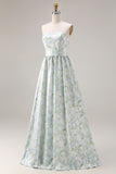 Blue White Floral Strapless Print A-Line Long Satin Bridesmaid Dress with Pockets