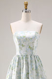 Blue White Floral Strapless Print A-Line Long Satin Bridesmaid Dress with Pockets