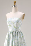 Blue White Floral Strapless Print A-Line Long Satin Bridesmaid Dress with Pockets
