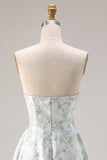 Blue White Floral Strapless Print A-Line Long Satin Bridesmaid Dress with Pockets