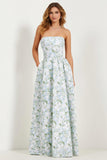 Blue White Floral Strapless Print A-Line Long Satin Bridesmaid Dress with Pockets