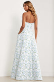 Blue White Floral Strapless Print A-Line Long Satin Bridesmaid Dress with Pockets